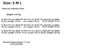 Detailed size chart for strapless slit dress with bust, waist, and length measurements