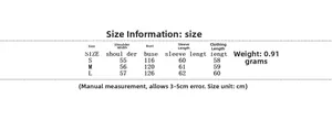 Detailed size chart for winter printed cotton jacket including S, M, L measurements
