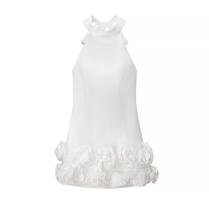 Women Satin Halter Mini Dress With 3D Floral Hem And Back Bow Tie Elegant Open Back Party Evening Cocktail Dress