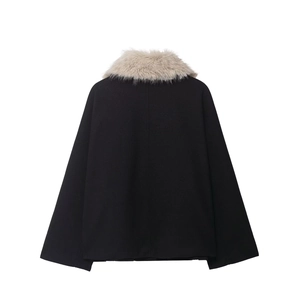 Back view of a black short jacket featuring a plush beige faux fur collar and A-line silhouette