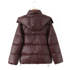 Back view of glossy wine red padded jacket with horizontal quilting and hooded design