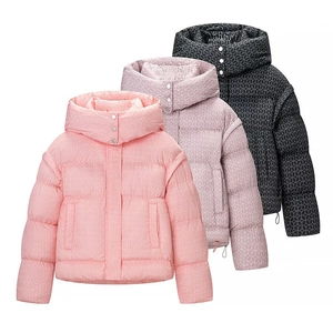 Women's Winter Geometric Print Hooded Padded Jacket Short Quilted Coat Warm Streetwear Outerwear Windproof Zip Up Cotton Jacket