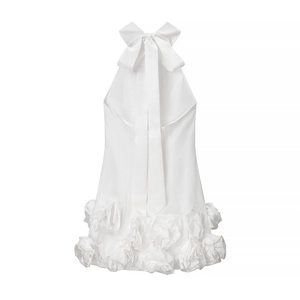 Sleeveless white halter mini dress with large back bow and 3D floral hemline design