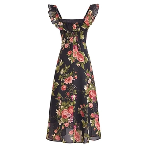 Detail of floral printed dress featuring smocked elastic waist and ruffled shoulder straps