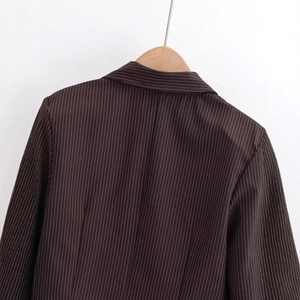 Deep coffee vertical striped blazer with padded shoulders and classic notched lapel