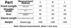 Detailed size chart for long winter wool coat showing length, shoulder, and chest measurements