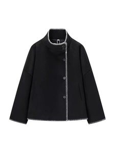 Women's black casual jacket with high collar and white contrast stitching detail