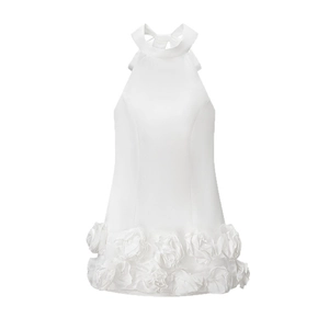 Elegant white halter neck dress with sophisticated floral ruffles for women