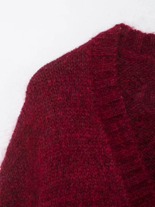 Close-up of the burgundy knit cardigan texture and premium collar stitching detail