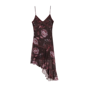 Women Sexy Floral Lace Patchwork V Neck Cami Dress Irregular Ruffle Hem Slim Backless Spaghetti Strap Midi Dress