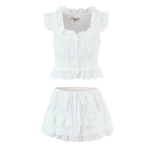 Französischer Stil Weiß Lochstickerei Outfit Rüschenärmel Crop Top Und Gestufter Rock Mit Kordelzug Baumwollmischung Set