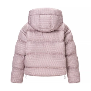 Back view of a light purple hooded padded jacket with white geometric oval patterns