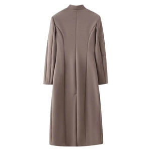 Rear view of a long brown wool coat with stand collar and structural back seams