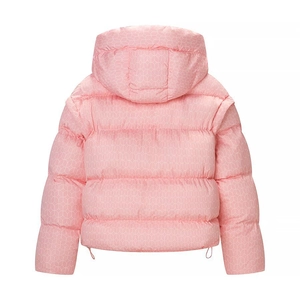 Back view of a pink hooded puffer jacket featuring a white geometric circular pattern