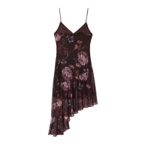 Detail of V-neck floral strap dress featuring asymmetrical ruffle hem and dark brown print