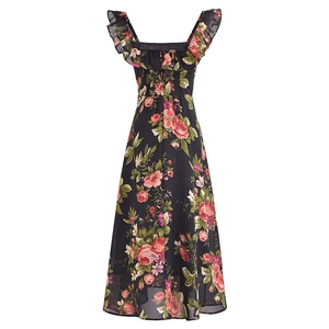 French vintage floral smocked dress with ruffled straps and side slit detailing