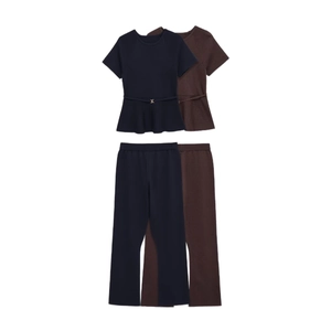 Women's knit two-piece set with peplum hem top and straight trousers in navy and brown