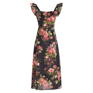 French vintage slim fit floral dress with rose print and ruffle square neck