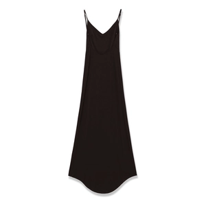 Detailed front view of a slim black V-neck slip dress with elegant A-line silhouette