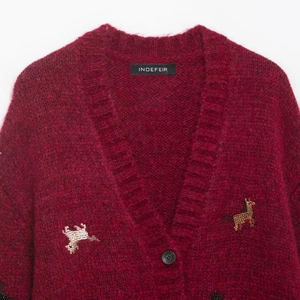 Women's burgundy knit cardigan with oversized V-neck and beaded horse embroidery details
