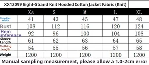 Size chart showing shoulder, chest, and length for knitted hooded cotton coat