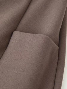 Close-up of wool texture and stitched pocket detail on brown winter overcoat