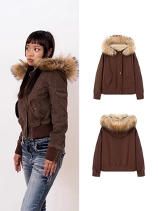 Women's Workwear Style Hooded Padded Jacket With Removable Faux Fur Collar Short Warm Winter Coat Zip Up Ribbed Cuffs Brown