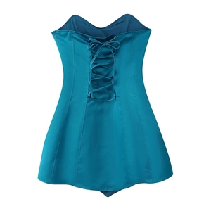 Pfauenblaues Satin-Korsettkleid mit klassischem Schnürrücken und trägerlosem Design