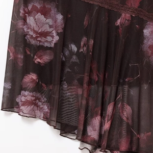 Deep purple lace mesh slip dress with vintage rose floral prints and backless design