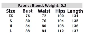 Detailed size chart for lace backless dress showing bust waist hips and length measurements