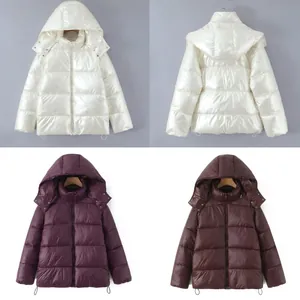 Women Casual Hooded Puffer Jacket Shiny Solid Color Loose Cotton Padded Coat With Drawstring Hem Winter Warm Outerwear