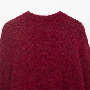 Women's loose winter knit cardigan in deep wine red featuring textured thick stitch fabric