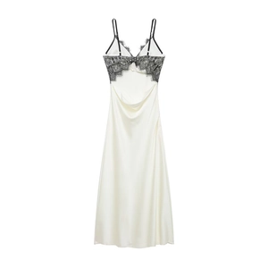 French Style Sexy Backless Satin Slip Dress For Women Black Lace Splicing Elegant Slim Fit Maxi Dress Evening Party
