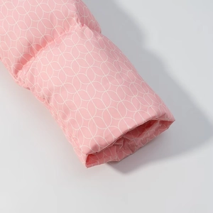 Detail of pink winter coat cuff featuring white floral prints and quilted texture