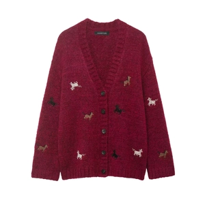 Burgundy V-neck knit cardigan with colorful sequined animal patterns and dark buttons