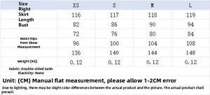 Detailed size chart for satin lace dress with bust waist and hip measurements in cm