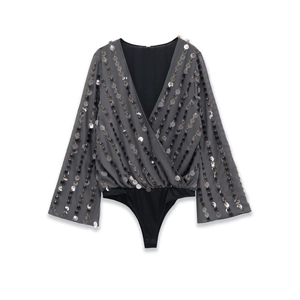 Women V Neck Sequin Bodysuit Long Flare Sleeve Patchwork Metallic Sparkly Party Club Jumpsuit Elegant Slim Fit Fashion Dark Gray