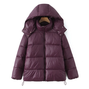 Glossy burgundy puffer jacket with hood and horizontal quilting for winter comfort