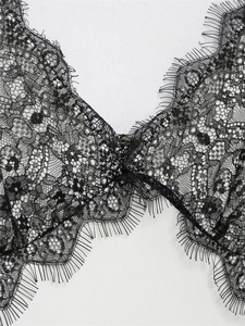 Close-up detail of delicate black eyelash lace fabric with intricate floral patterns
