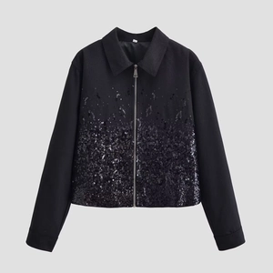 Detail of high-density black sequins and metal zipper on this women's lapel jacket