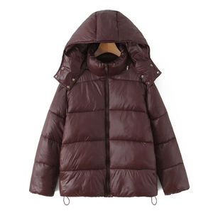 Women's warm winter puffer jacket in burgundy featuring a high collar and hooded design