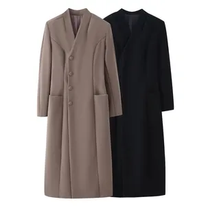 Women Long Wool Blend Coat Standing Collar Side Button Overcoat Solid Color Warm Winter Outerwear Casual Streetwear Jacket