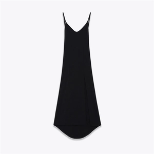 Sleeveless slim fit black V-neck maxi dress with irregular hem and thin straps
