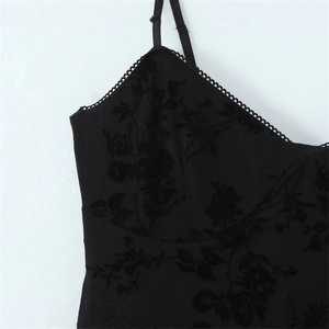 Elegant black floral velvet mini dress with thin straps and lace neckline details