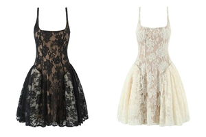 Detailed lace fabric texture of slim fit strap dresses in black and cream white colors