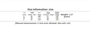 Size chart for women's wool coat with measurements for shoulder, bust, sleeve, and length