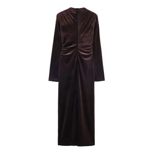 Robe Longue Élégante en Velours à Manches Longues pour Femmes Col en V Froncée Coupe Slim Robe de Soirée Automne Couleur Unie