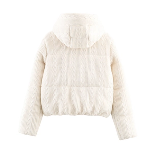 Back view of cream padded hooded jacket featuring distinctive cable knit texture patterns