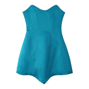 Pfauenblauer Satin Korsett Top mit strukturierten Stäbchen und Herz-Ausschnitt