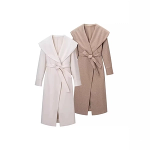 Manteau en Laine Extra Long Élégant pour Femmes avec Grand Revers et Ceinture à Nouer Pardessus Uni pour l'Automne et l'Hiver